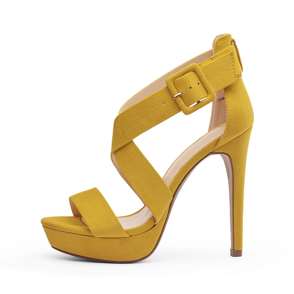 Open Toe Strappy Stiletto Sandals - MUSTARD YELLOW SUEDE - 1